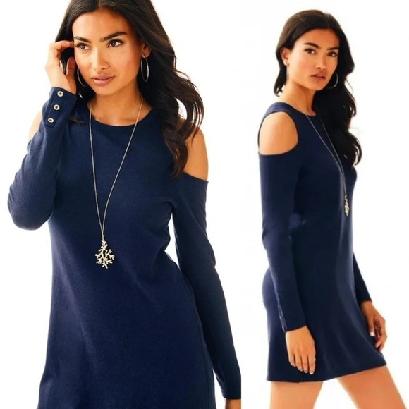 Lilly Pulitzer Faire Sweater Dress Medium Cotton Modal Wool Blend Cold Shoulder - Picture 2 of 11